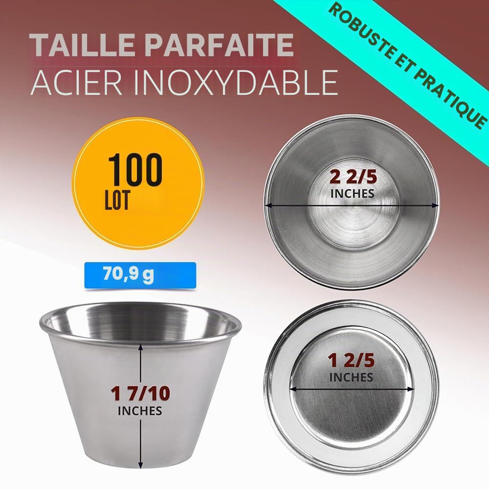 Lot de 100 grands ramequins à sauce en acier inoxydable | Format idéal de 2,5 oz (75 ml) pour les trempettes, le ketchup, les vinaigrettes et la restauration.