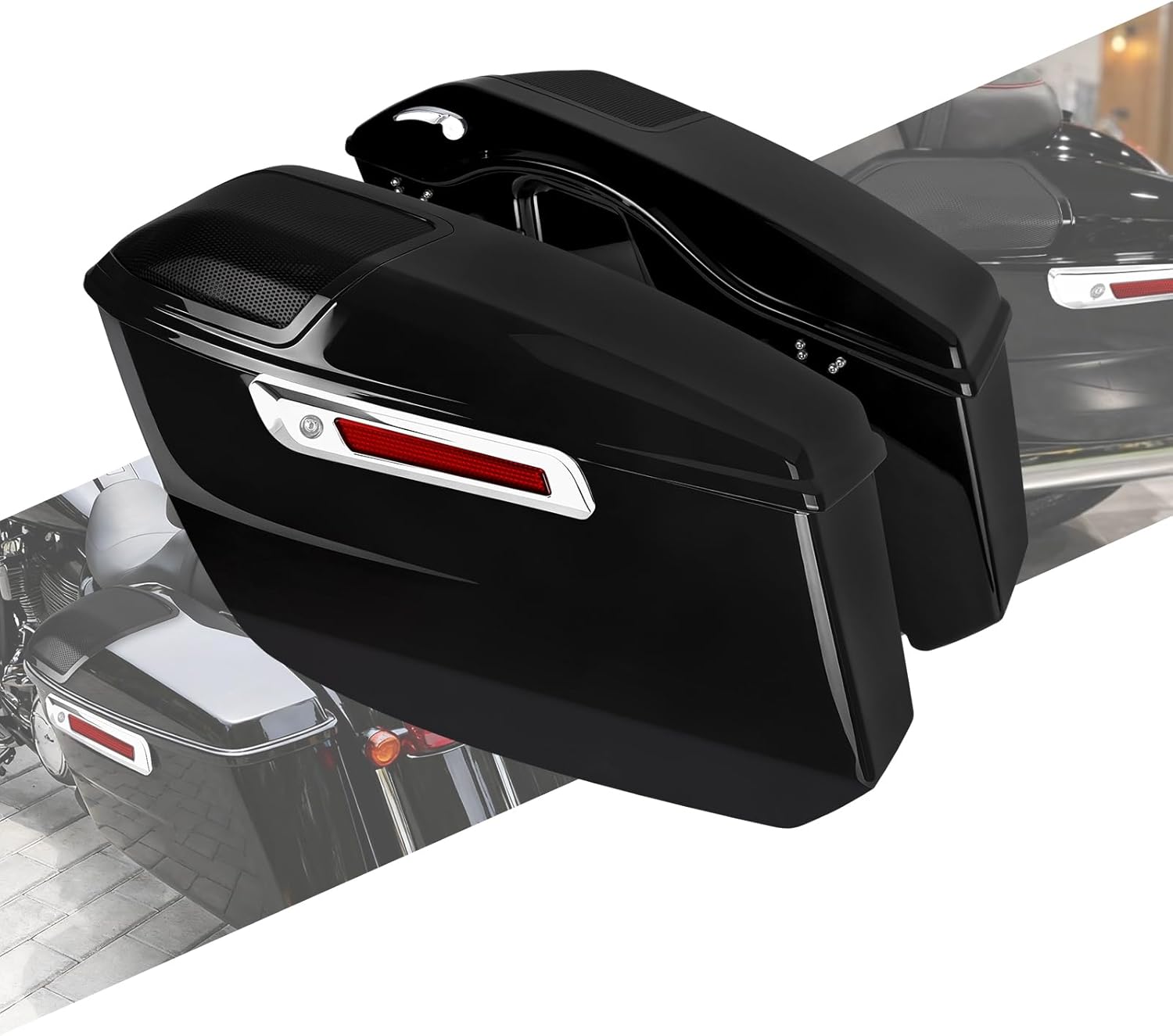 Saddlebags with Speaker Lids Fit for Harley Touring CVO Road Glide FLTRXSE 2023-2025 Street Glide FLHX 2024-2025 Street Glide Ultra FLHXU 2025 Black Red Reflector Latch