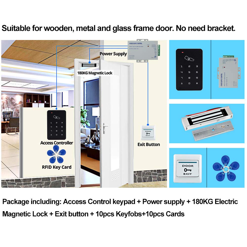 125KHz Kit de Seguridad para el Hogar con Control de Acceso de Puerta Completa +Cerradura Eléctrica+Fuente de Alimentación+Botón de Salida (Kit de Cerradura Magnética)