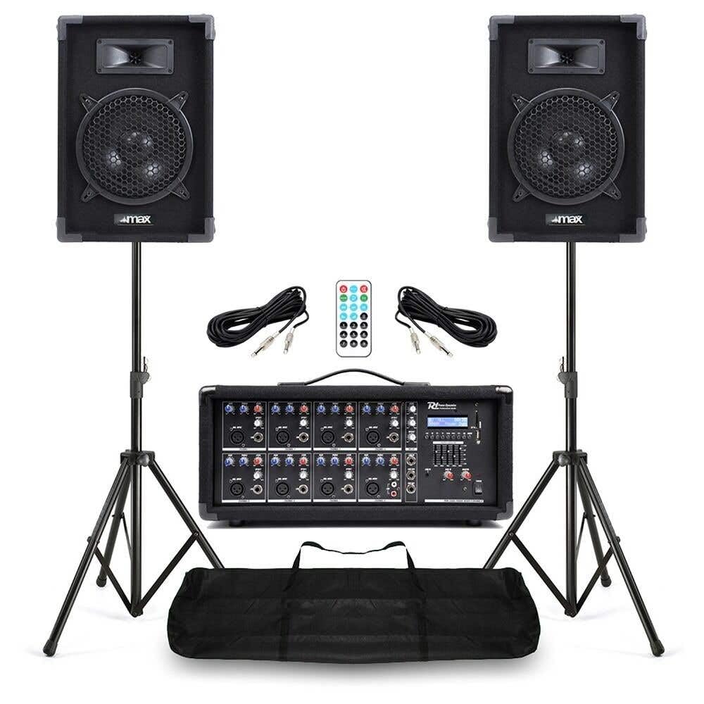 MAX Pack Sono Complet Music/Power Dynamics/Vonyx - 2 Enceintes 8″ 800W + Mixeur 8 Canaux + Pieds & Câbles - Système Audio Professionnel DJ, Bar, Groupe, Événement