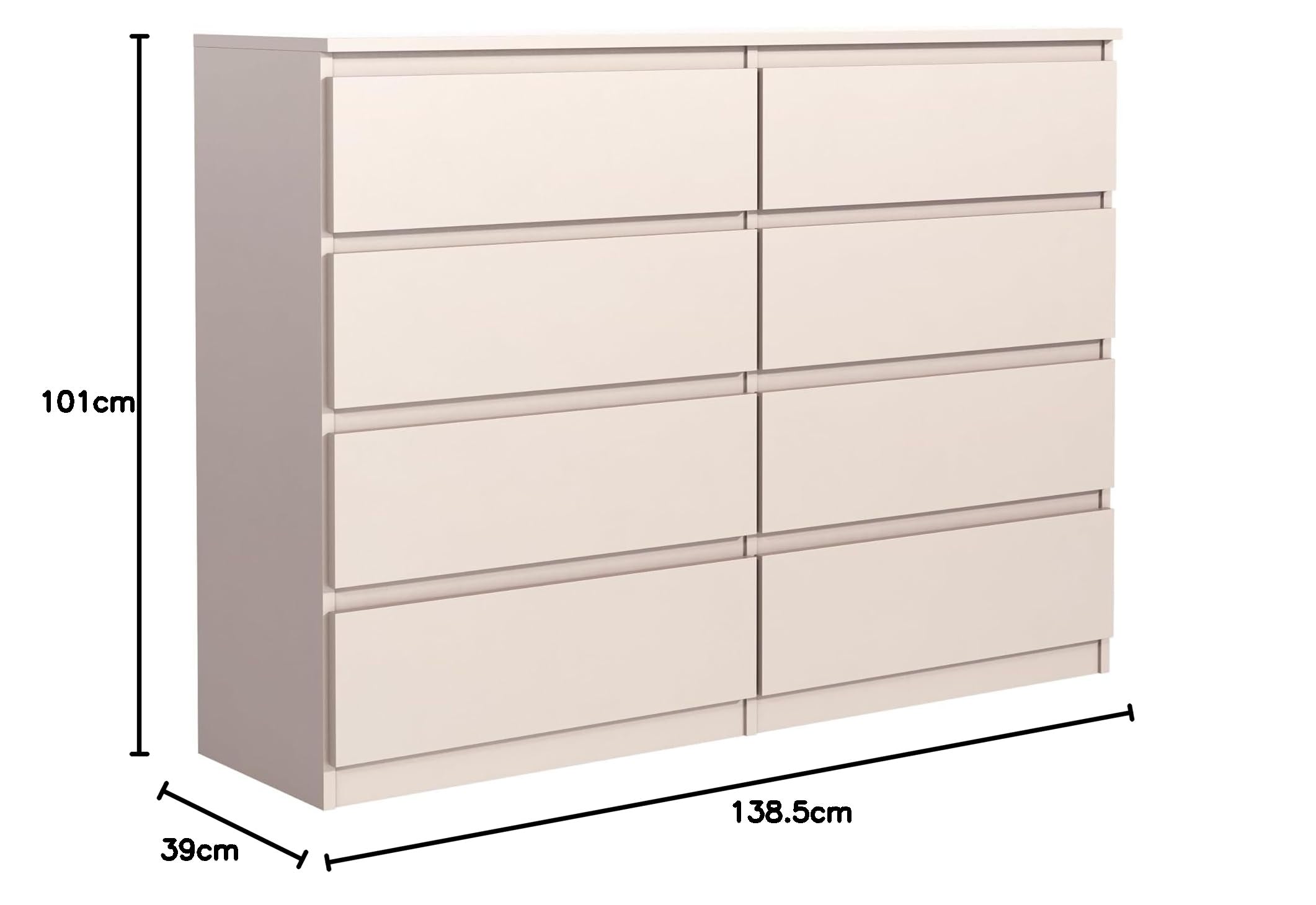Commode à 8 tiroirs de 140 cm, idéale pour Le Salon, la Chambre à Coucher, la Chambre d'enfant, la Chambre d'adolescent et Le Bureau, Solution Moderne et élégante pour Un Rangement élégant