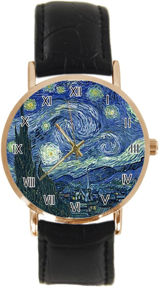 Van Gogh Starry Night Wrist Watch Custom Design Analog Quartz Wathes Rose Gold Dial Classic Leather Band Women's Men's Watch