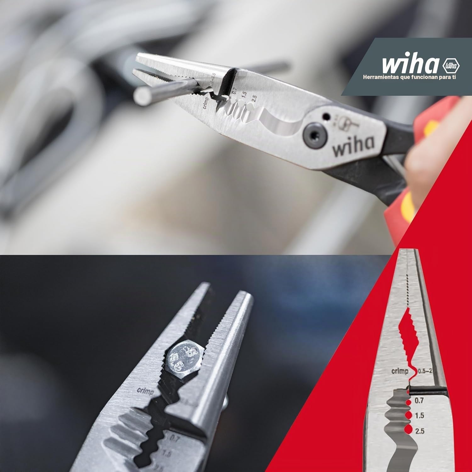 Wiha Alicates multifunción para electricistas 8 en 1 I Crimpar, pelar, cortar, agarrar, desbarbar, doblar, atornillar, cortar tornillos (45705)