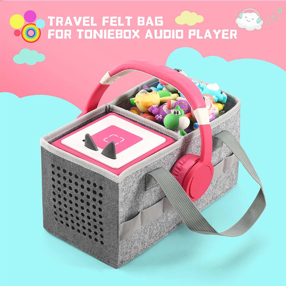 PISOSN Carrying Case for Toniebox Starter Set and Tonies Figurines, Travel Felt Cloth Musical Toy Folding Bag for Toniebox Accessories (Gray)