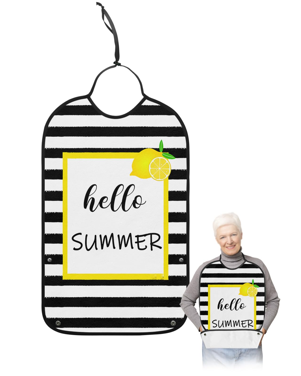 LEOKOTI Hello Summer Lemon Adult Bibs for Eating, Waterproof Bibs with Food Catcher & Adjustable Snap Closure, Rustic Black White Striped Washable Clothing Protectors Adult Bibs for Elderly Women/Men