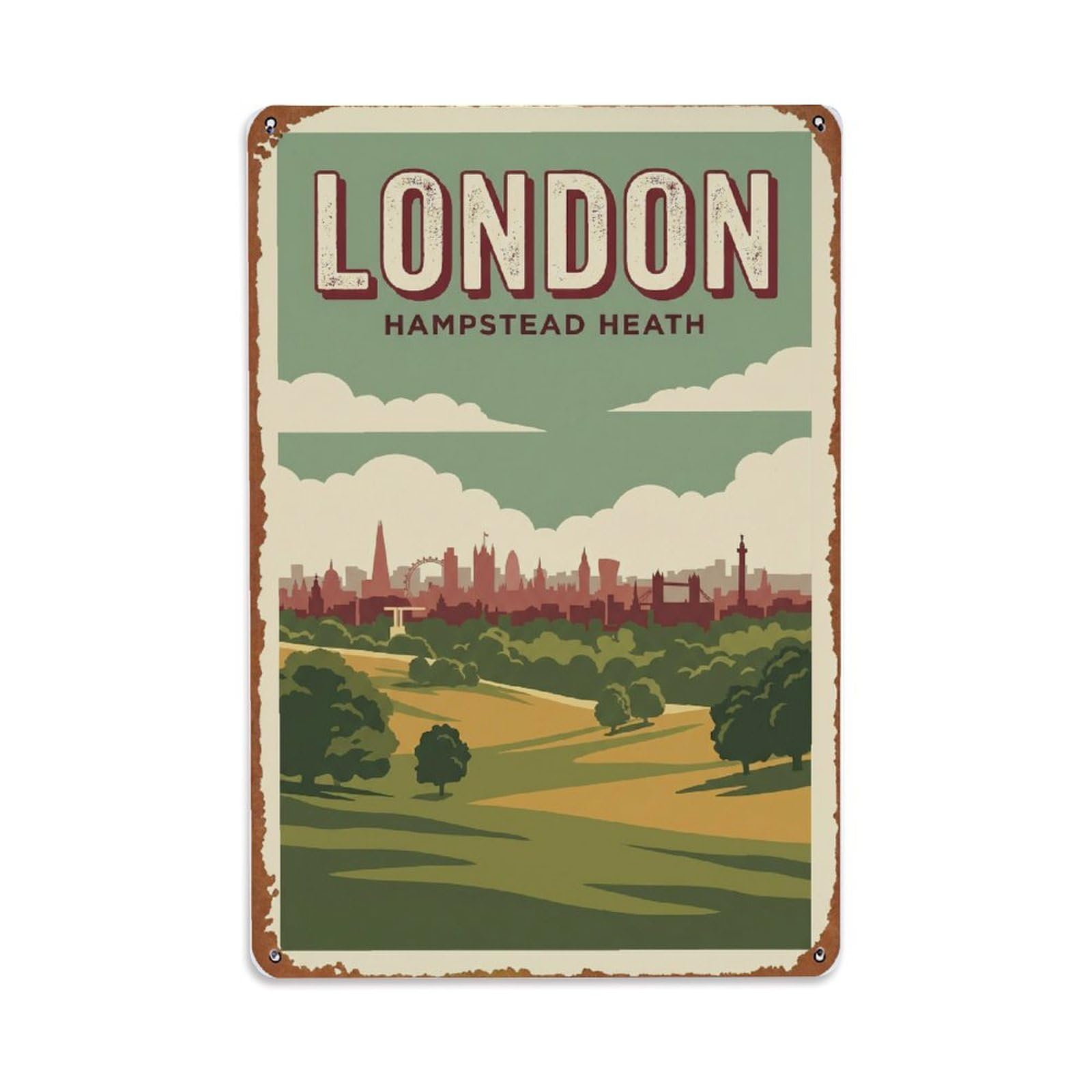 Vintage Travel London Hampstead Heath Park Views Rusted England Metal Tin Sign Plaque Wall Decor for Cafe, Club Bar, Office, Home Garden Metal Poster 8x12Inch