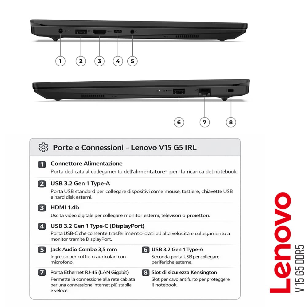 Lenovo, pc portatile Notebook V15 G5, Intel Core i7 13620H,10 Core, Ram DDR5 32 Gb, Display 15,6" IPS FHD, SSD Pci Nvme da 512Gb, Wi-Fi 6, Bt, USB Type-C, Lan Rj45, WebCam FHD, Pronto all'Uso - 3