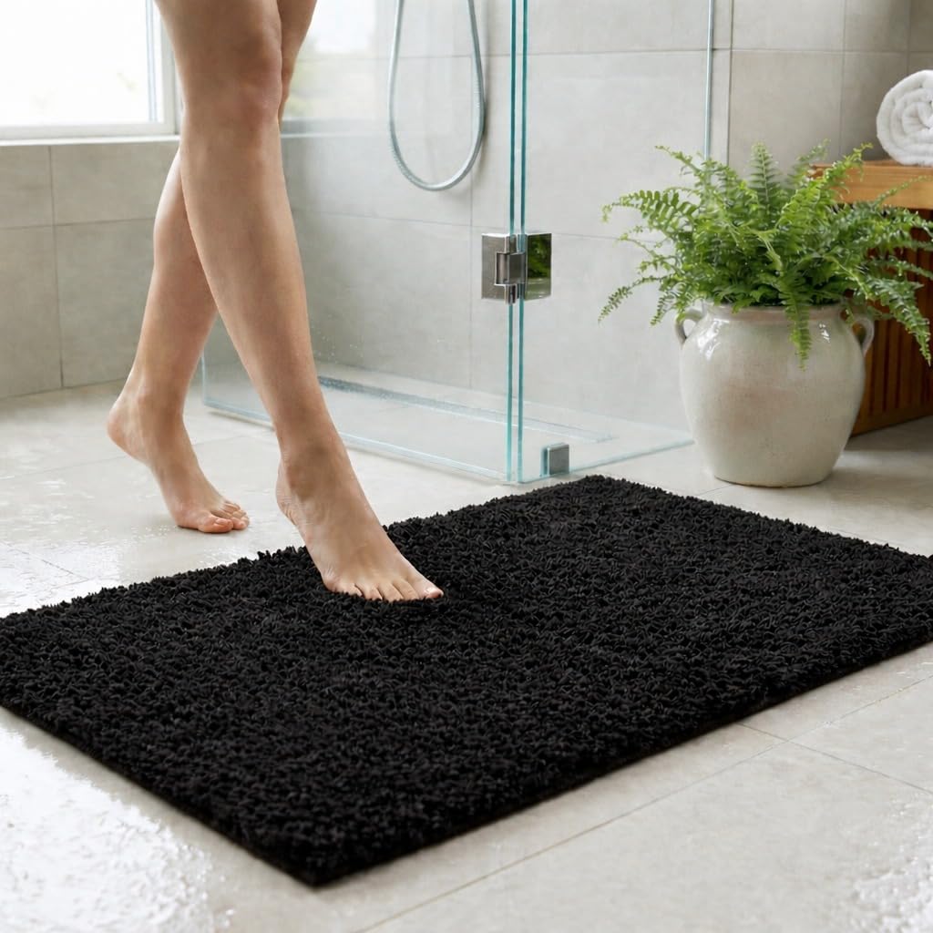 Super Soft Shaggy Bathroom Rugs, Absorbent Thick Anti-Slip Microfiber Bath Rugs, Quick Dry Machine Washable Bath Mat for Bathroom Floor, Bathtub and Shower 18" x 30" - Black-image-15