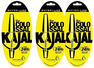 Maybelline New York Colossal Kajal Pencil, Black, Combo Pack Of 3, Matte Finish