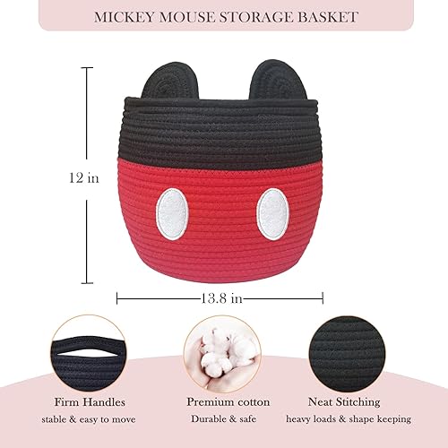 Miniatura 5 de BEZJIXHH Mickey Mouse - Canasta de almacenamiento de juguetes de cuerda de algodón tejida con asas, organizador de juguetes para cuarto de bebé,