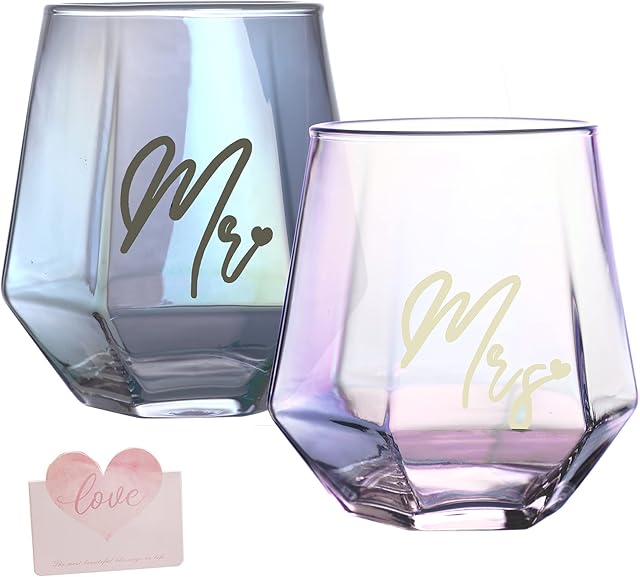 Mr and Mrs Couple Glasses,Wine Glass Mugs Set,Wedding Mugs for Bride and Groom,Wine Glasses Gifts for Couple Anniversary,Gifts for women,Bridal Shower,Engagement,His & Hers,Christmas Valentines Day