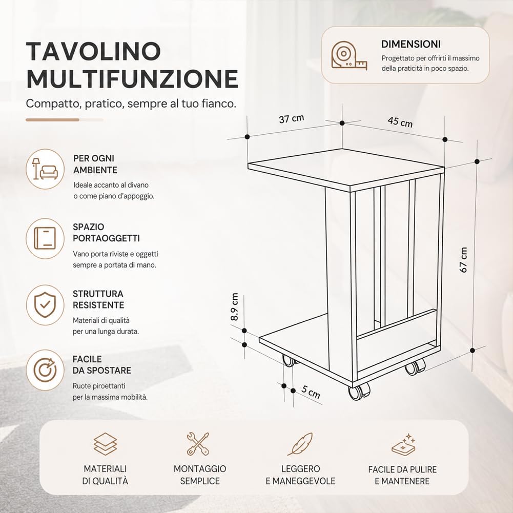 Shally Dogan Tavolino Ausiliario per Divano e Letto con Ruote, Tavolo da Caffè Mobile Design Moderno, Supporto Ideale per Arredare Casa, Ufficio, Struttura in Legno, 37.5 x 45 x 60H cm (Bianco)