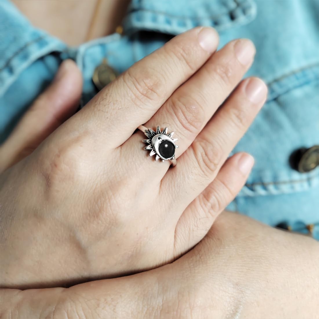 S925 Sterling Silver 6mm Round Natural Stone Sun Moon Statement Ring Jewelry for Women - Image 4