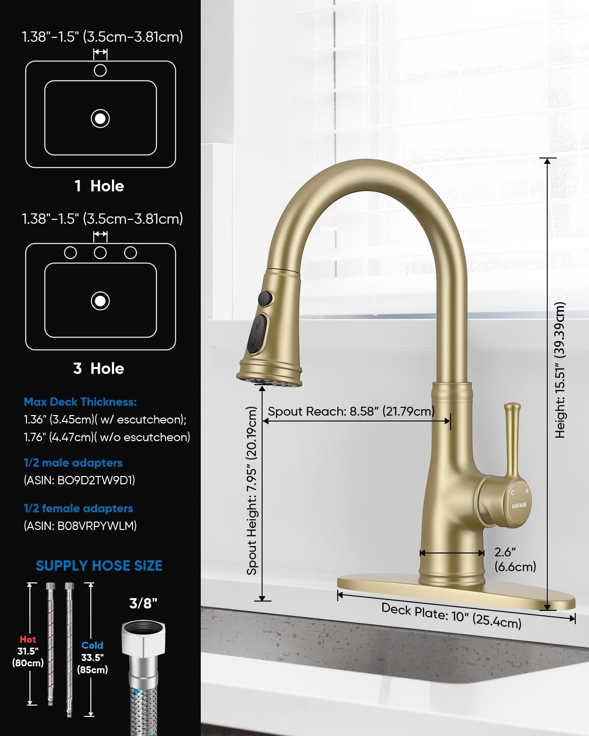 WEWE Vintage Kitchen Faucet with Pull Down Sprayer, Stainless Steel 1 or 3 Hole High Arc Single Handle Antique Sink Faucet for Classic Modern Ktichen, Gold Bar & Prep Sinks - Image 8