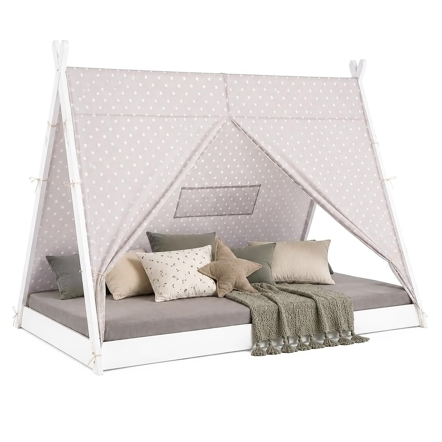 Homestyle4u Tipibett Kinderbett 90x200 Bodenbett mit Sternenzelt | Montessori Holzbett für Kinder, Kiefernholz weiß, abnehmbares Baumwollzelt grau mit Sternen, inkl. Lattenrost