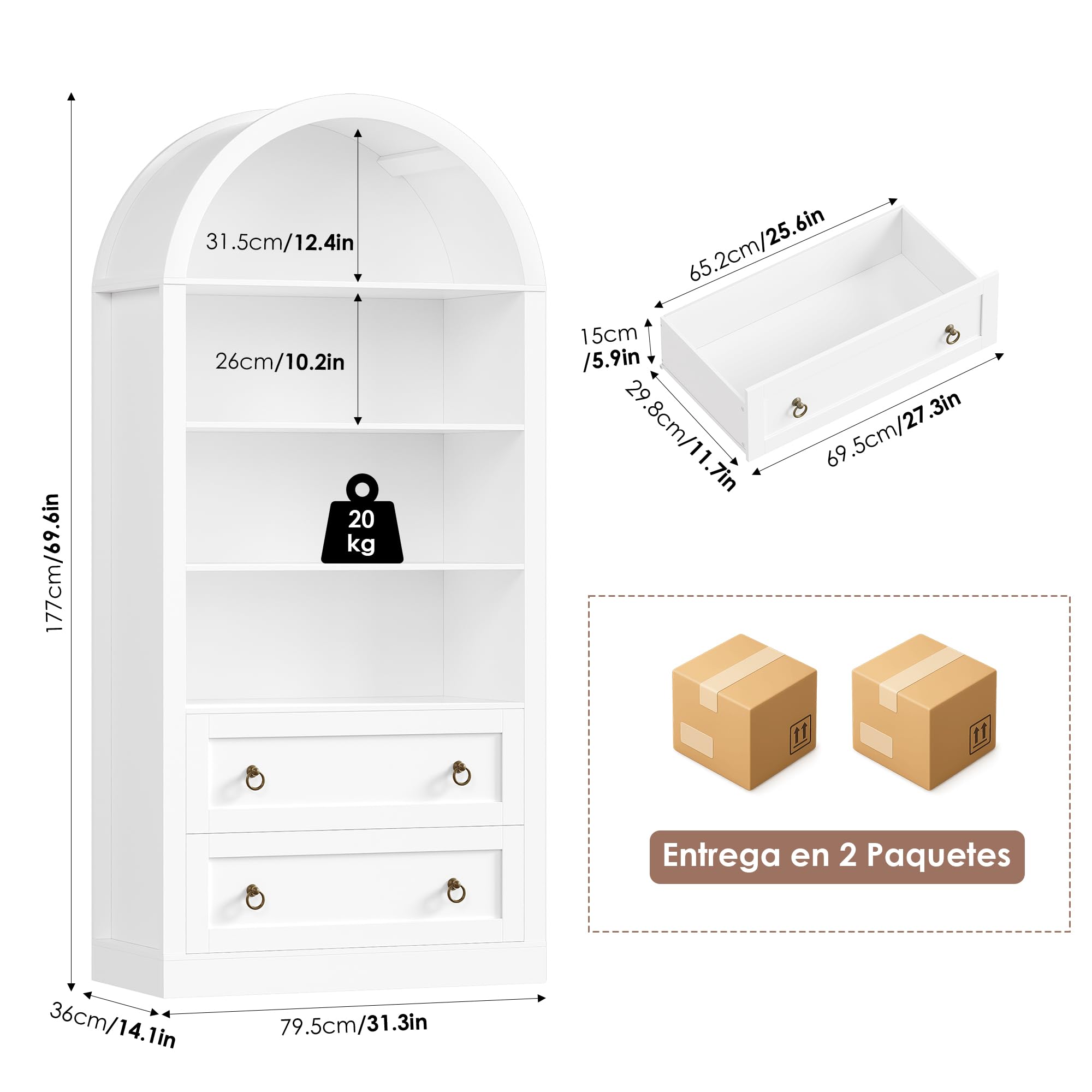 FirFurd Estantería con 2 Cajones, Libreria Estanteria Arqueada de 4 Niveles | Estantería Libros Grande, Diseño Arqueado, Mueble de Almacenaje para Salón, Dormitorio y Estudio 79.5x36x177cm