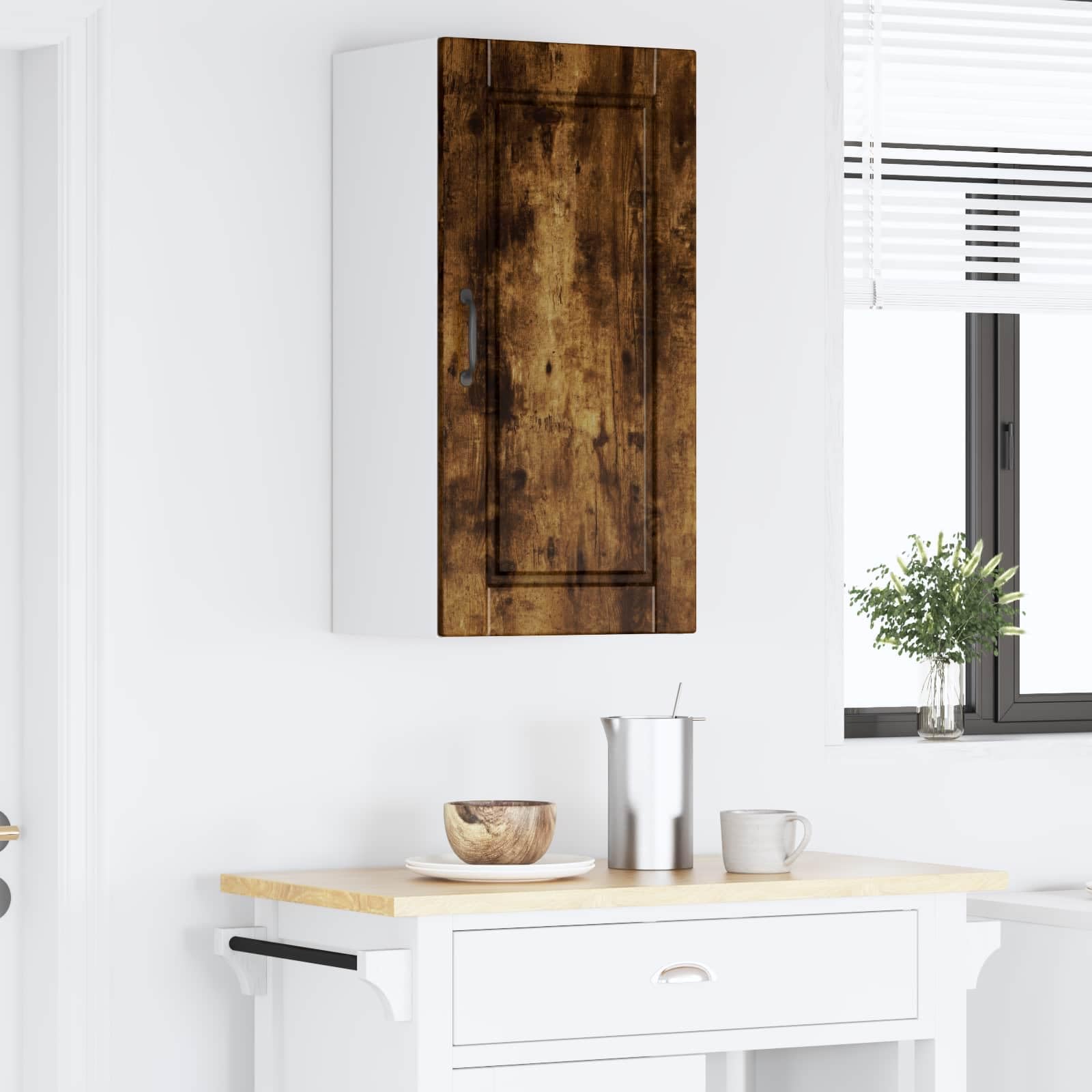 Porto - Armadietto da parete in legno di rovere affumicato, 40 x 31 x 80 cm, 2 ante, 3 ripiani, mobile da cucina, dispensa, armadietto pensile, adatto per riporre oggetti e stoviglie