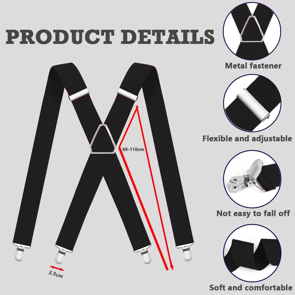 WOXVM Mens Suspenders Adjustable Braces with 4 Strong Metal Clips Elastic X Back Heavy Duty Suspender for Men and Women