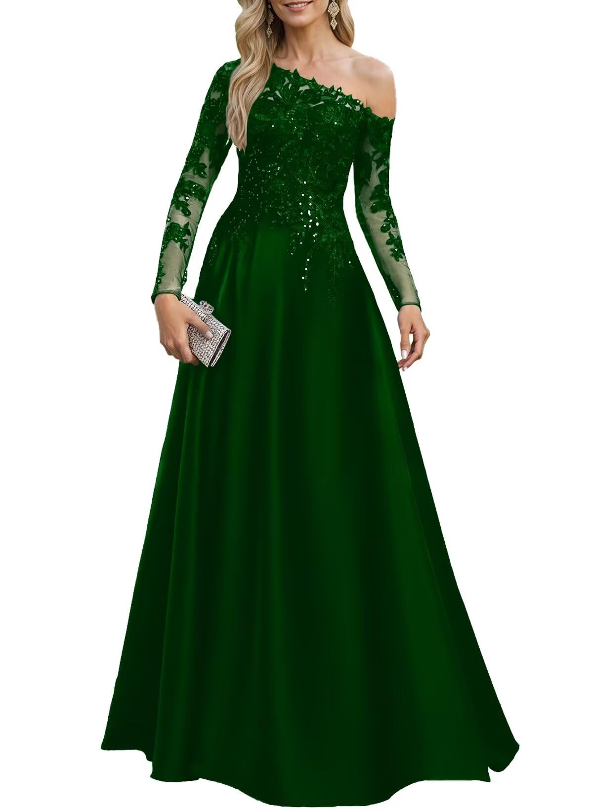 One Shoulder Sequin Lace Mother of The Bride Dresses for Women Long Sleeve Satin Formal Evening Gown with Pockets