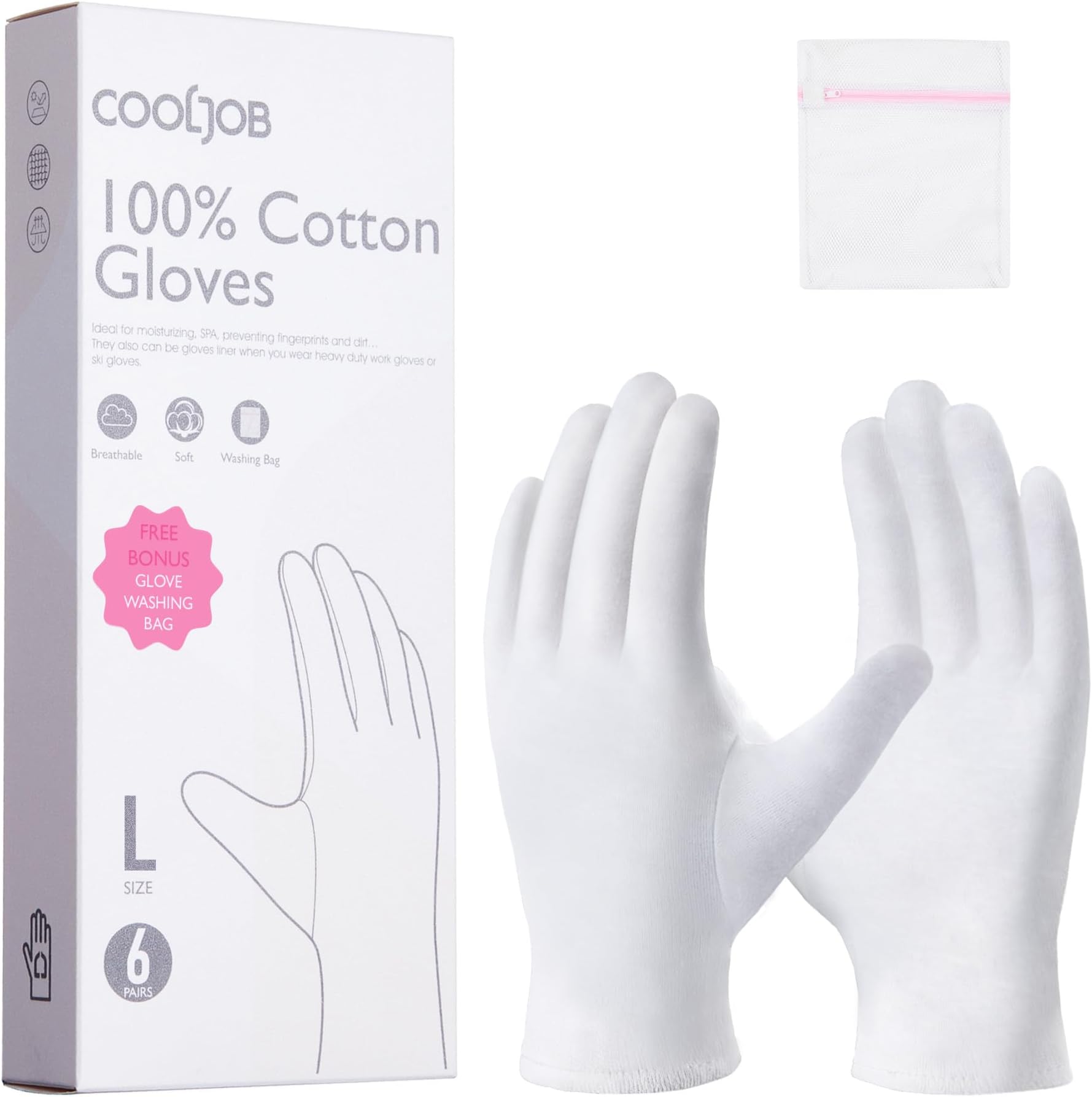 COOLJOB 100% Cotton Gloves, 6 Pairs White Cotton Gloves for Dry Hands Moisturizing & Eczema, Overnight Lotion, Sleep & Spa Treatment for Women & Men, Breathable Work Glove Liners, Large Size