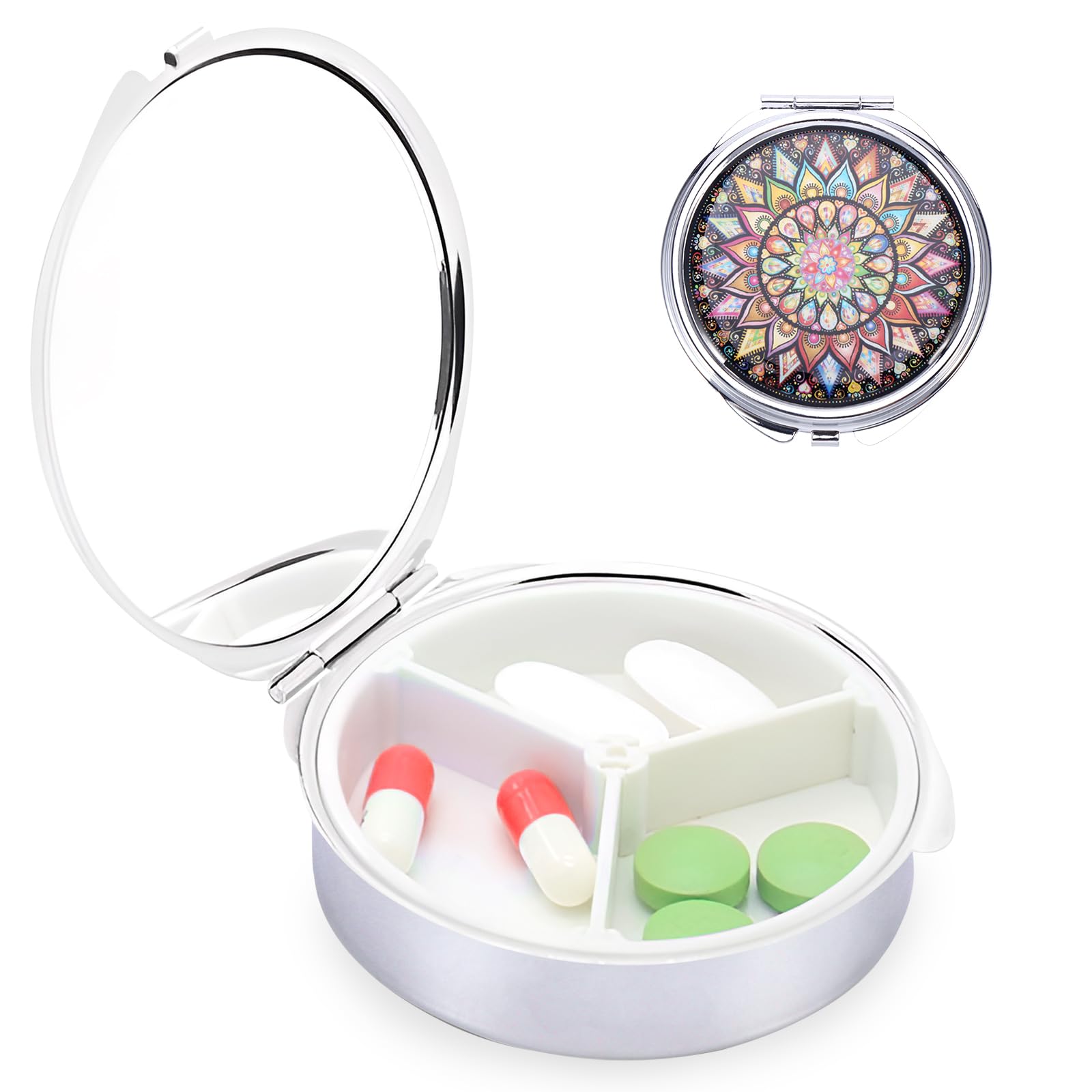 eROOSY Metal Pill Box, Medicine Pill Case, Medicine Box with Mirror, Box with Mirror 3 Compartment, Small Metal Pill Case for Purse Pocket Travel
