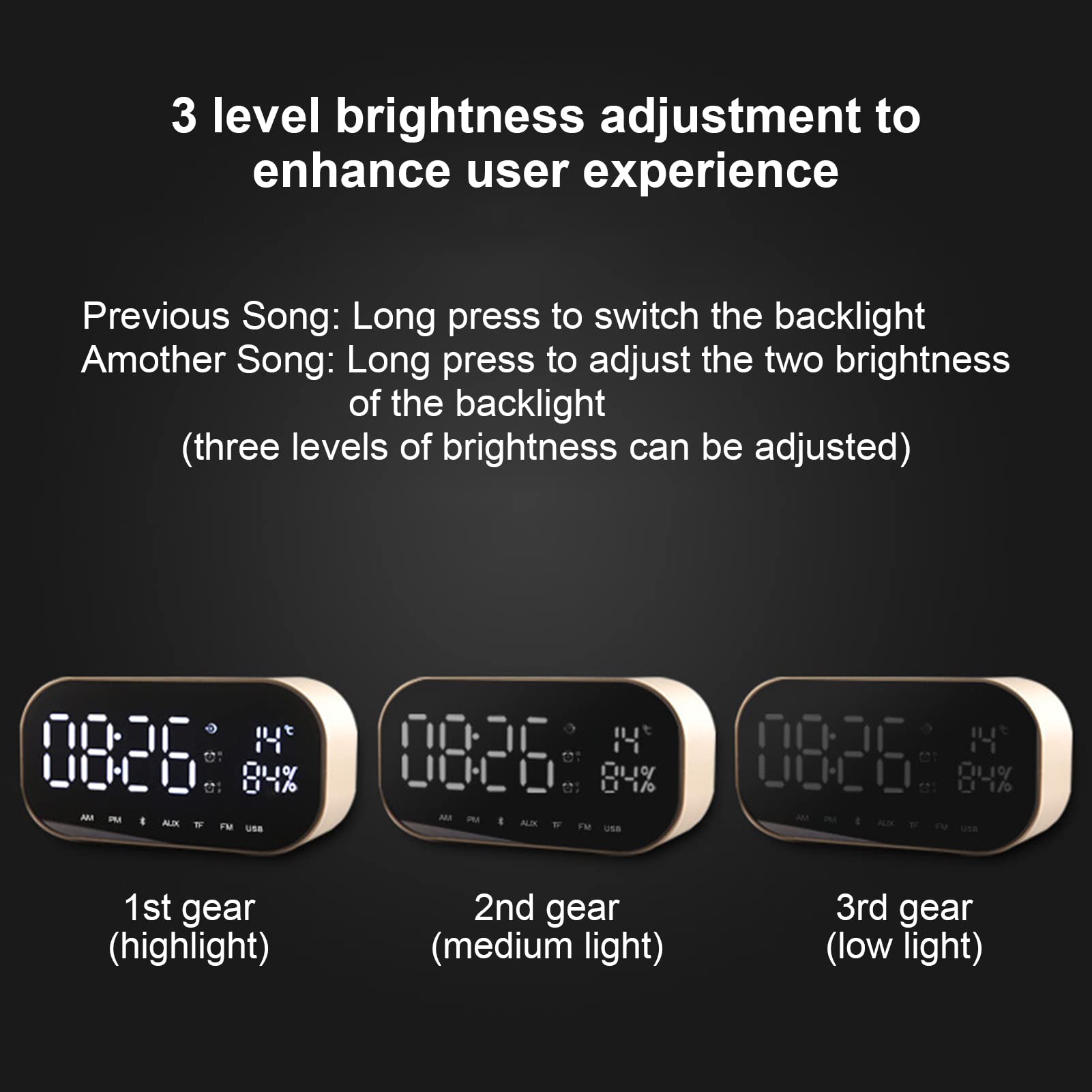 Despertador Altavoz Bluetooth Altavoz Inteligente con Reloj con 3 Niveles de Brillo Ajustables, Micrófono HD Integrado para Dormitorio Camping (Negro)
