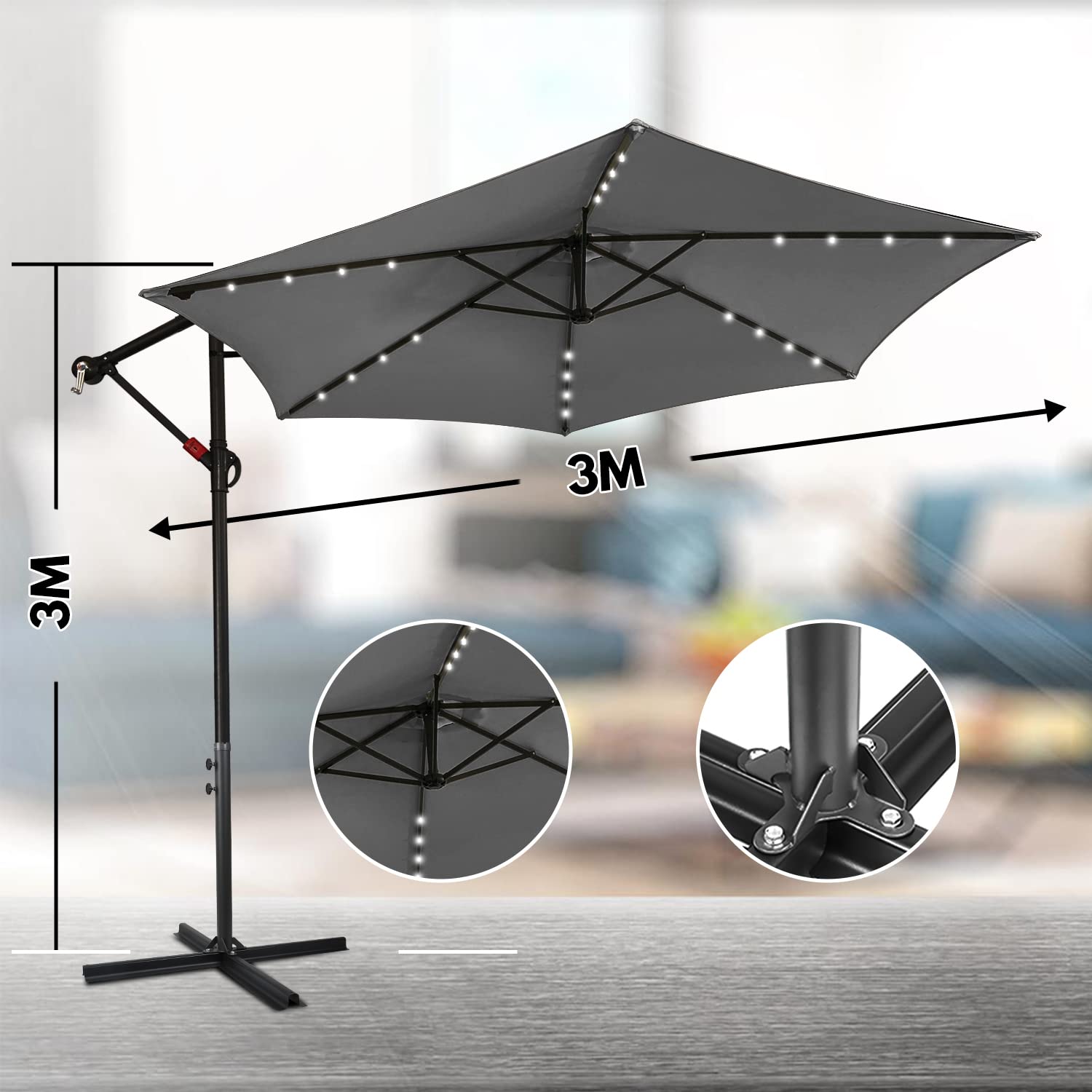 Lospitch Parasol przeciwsłoneczny z oświetleniem LED, aluminiowy parasol z korbą, ochrona przed promieniowaniem UV i wodoodporny, parasol ogrodowy