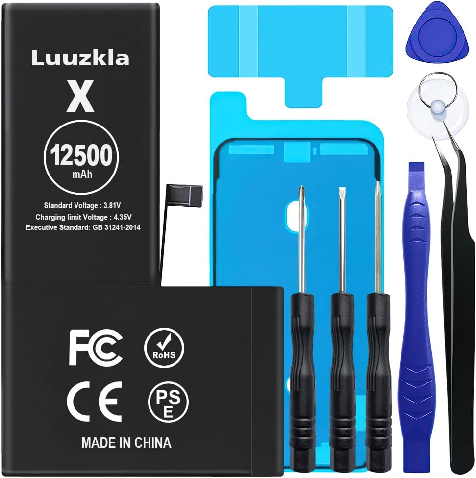 12500mAh (2025 New Upgrade) Battery Compatible with iPhone X, Super Capacity Battery Replacement Compatible with iPhone X, with Full Tool Kits-0 Cycle High Capacity-24 Months Service