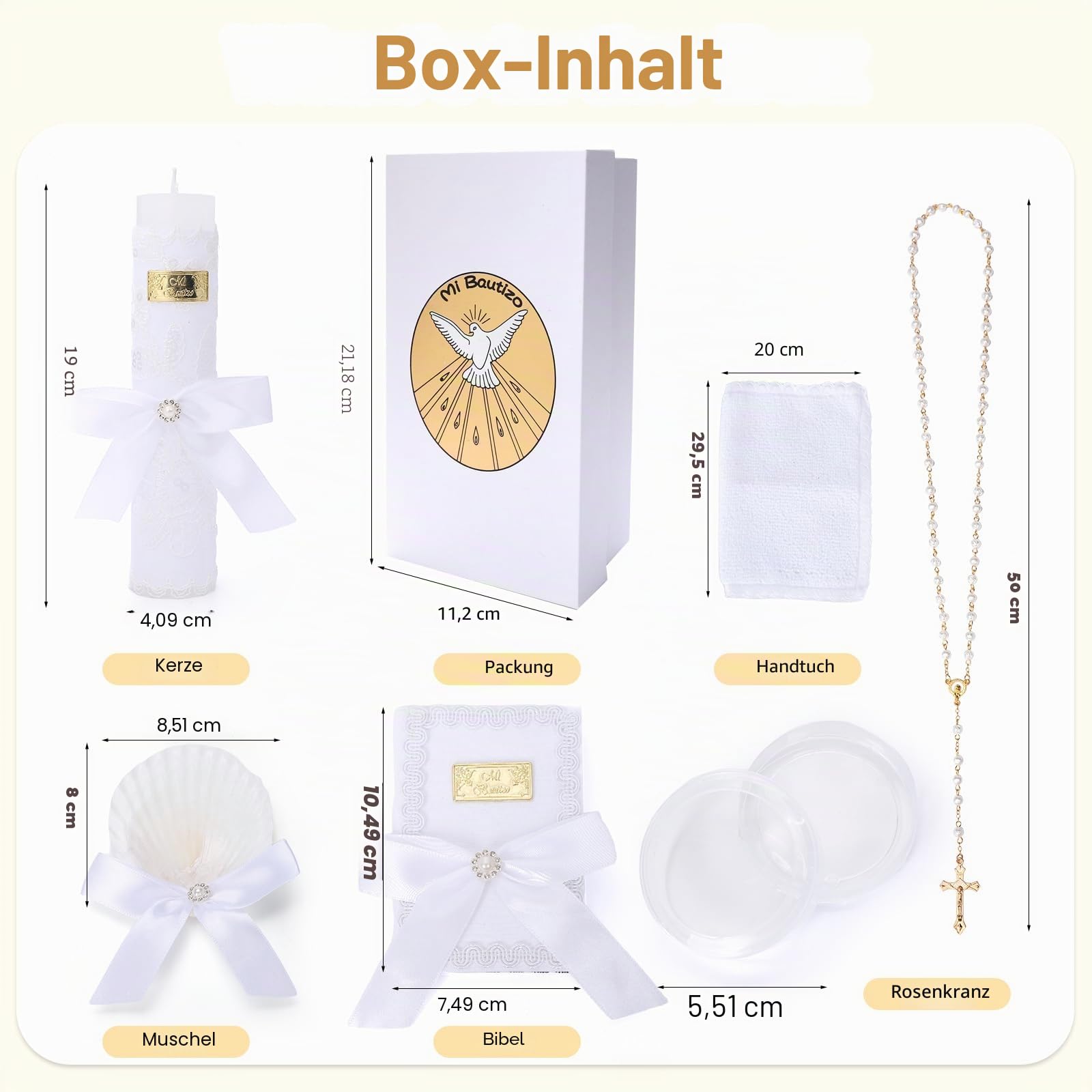 Taufkerzen-Set für Jungen und Mädchen, 5-teiliges Taufset, katholische Kerze, Taufmuschel, Handtuch, Rosenkranz, Bibel für Baby-Widmung, Taufgeschenk, Velas para Primera Comunión De Niño Bautizo de