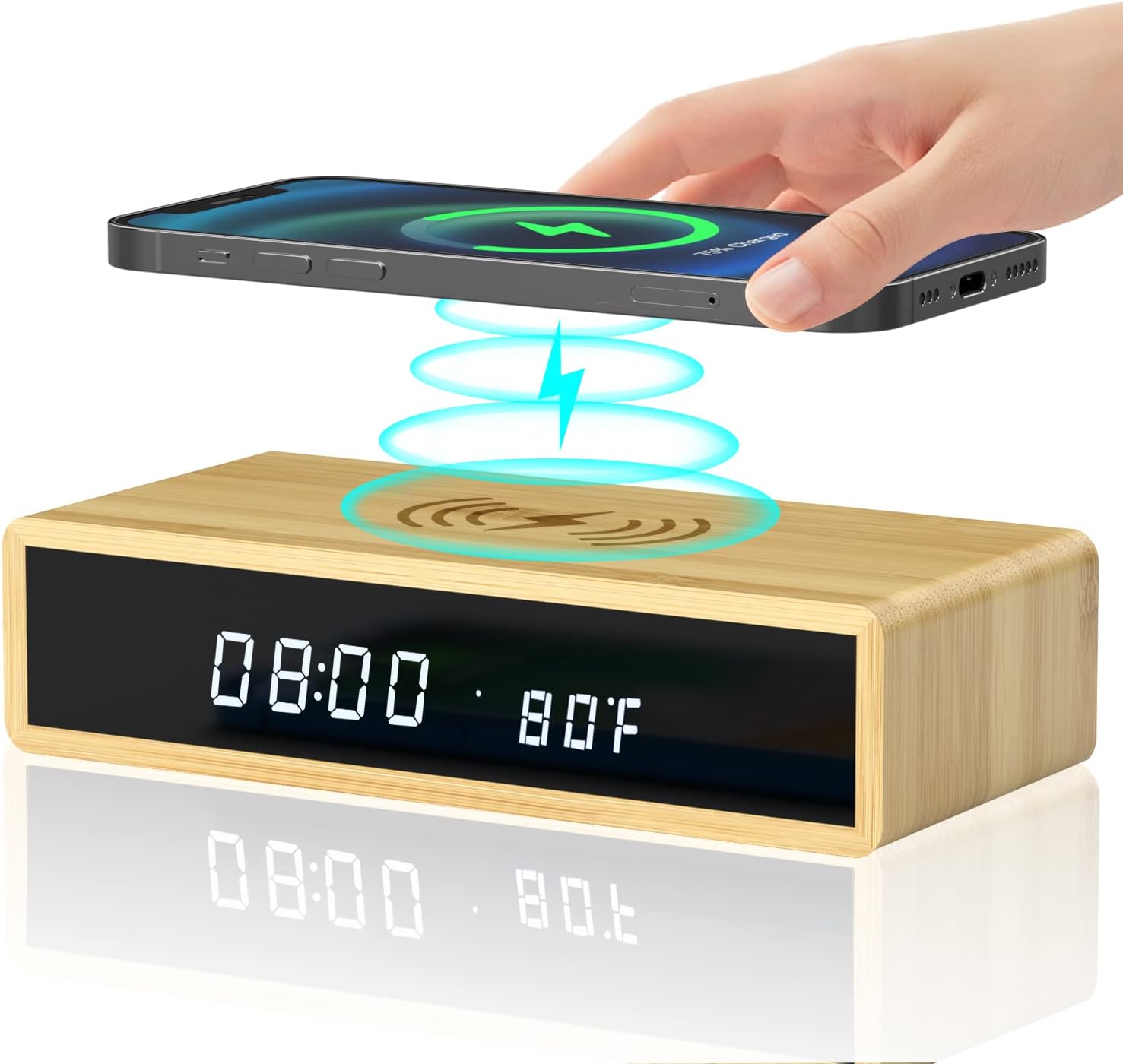 Digital Bamboo Alarm Clock with Wireless Charging SONRU LED Alarm
