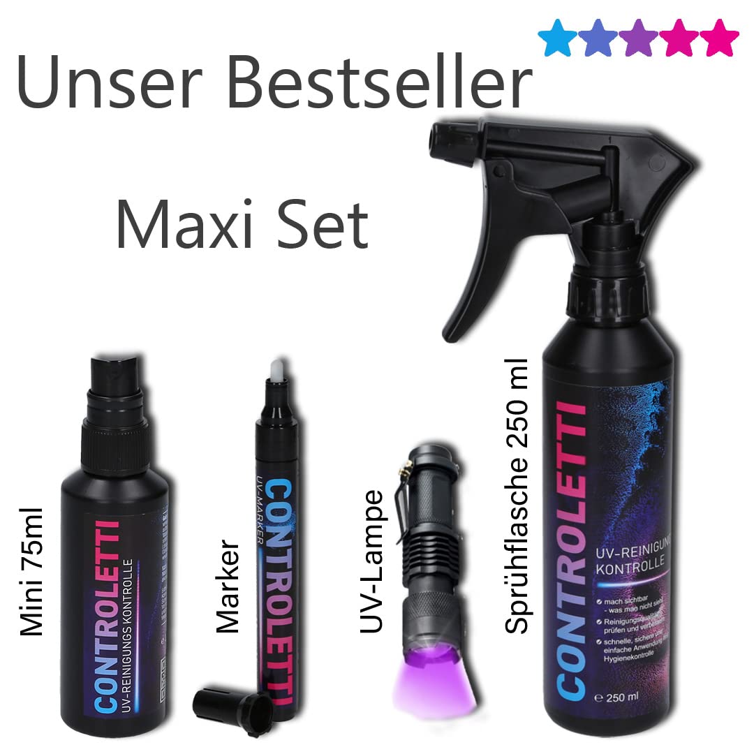 Controletti UV Reinigungskontrolle - Schwarzlicht Hygienetest zur Hygienekontrolle von Flächen (Solo Set)
