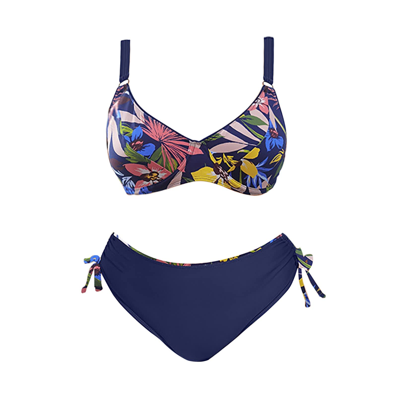 LOSSLO Bikini para mujer Push Up, traje de baño de dos piezas para mujer, control del abdomen con aros, tirantes estampados, ropa de baño para mujer con parte superior de bikini, pechos grandes, traje de