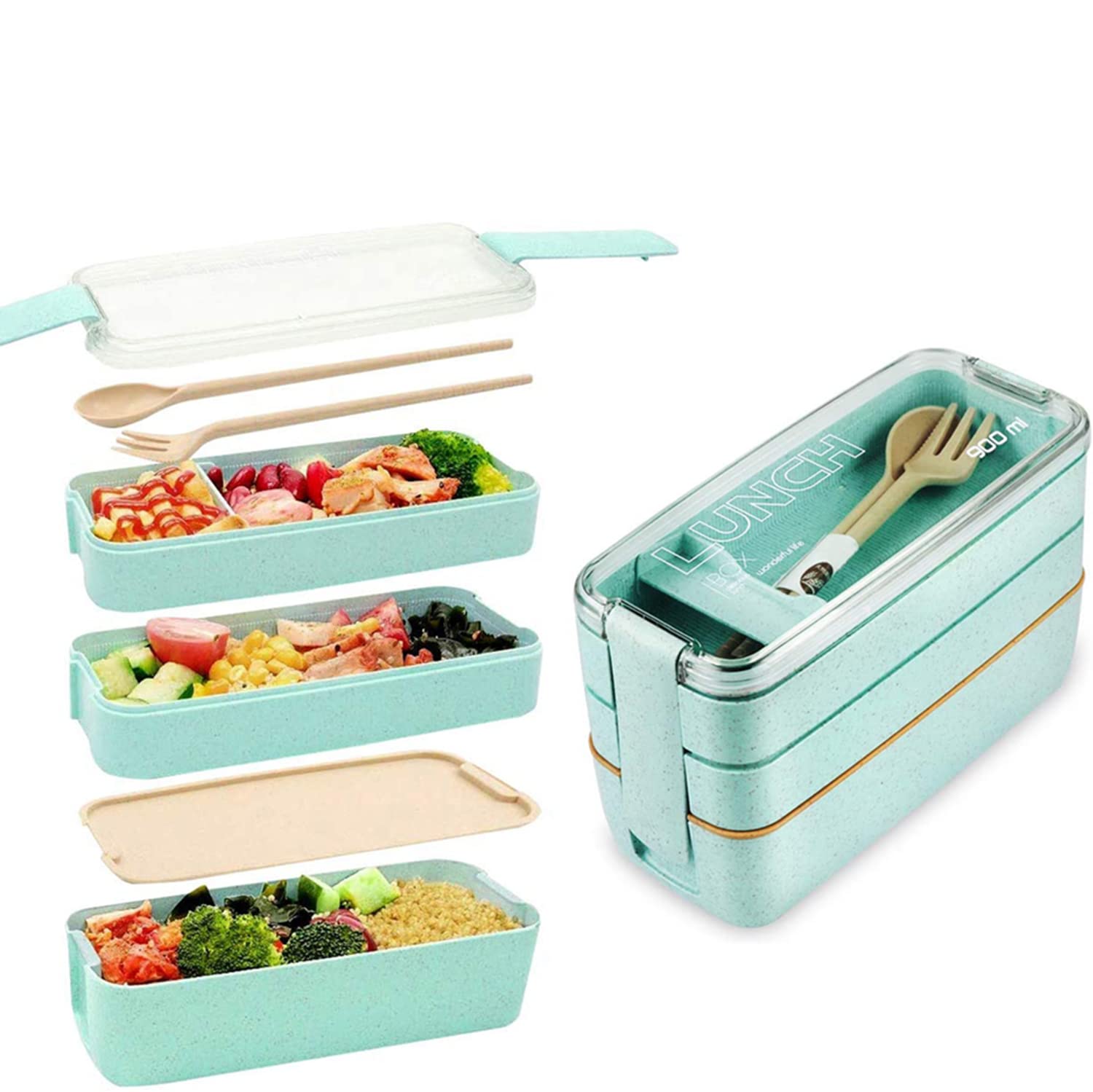 Lunch Box, Bento Box 3-In-1 Compartment Wheat Straw Leakproof Eco-Friendly Bento Lunch Box Meal Prep Containers Lunch Solution Offers Durable Microwave Safe for Kids Adults, 900ml Green