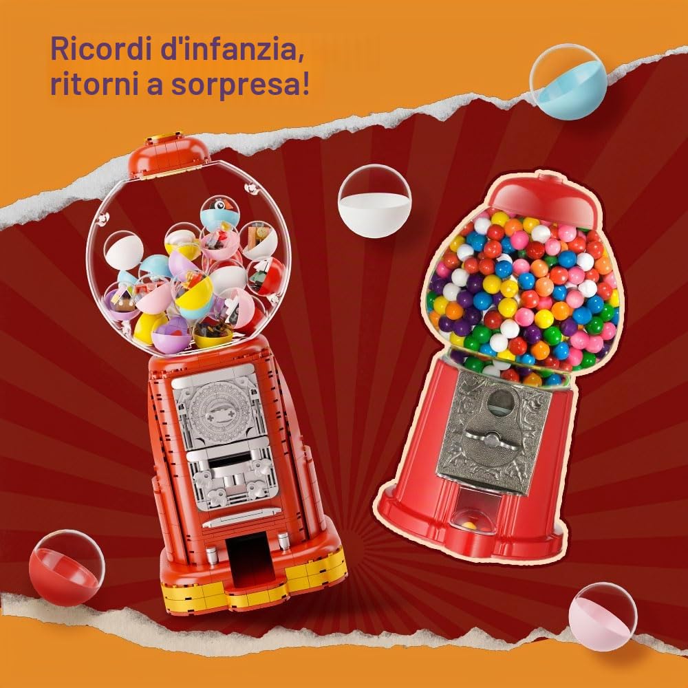 Pantasy Retrò Set di Mattoncini per la Costruzione di una Macchina Distributrice di Gomme da Masticare, con 12 Micro Mattoncini e 12 Biglietti Fortunati per un Gioco Multiplo da Scrivania