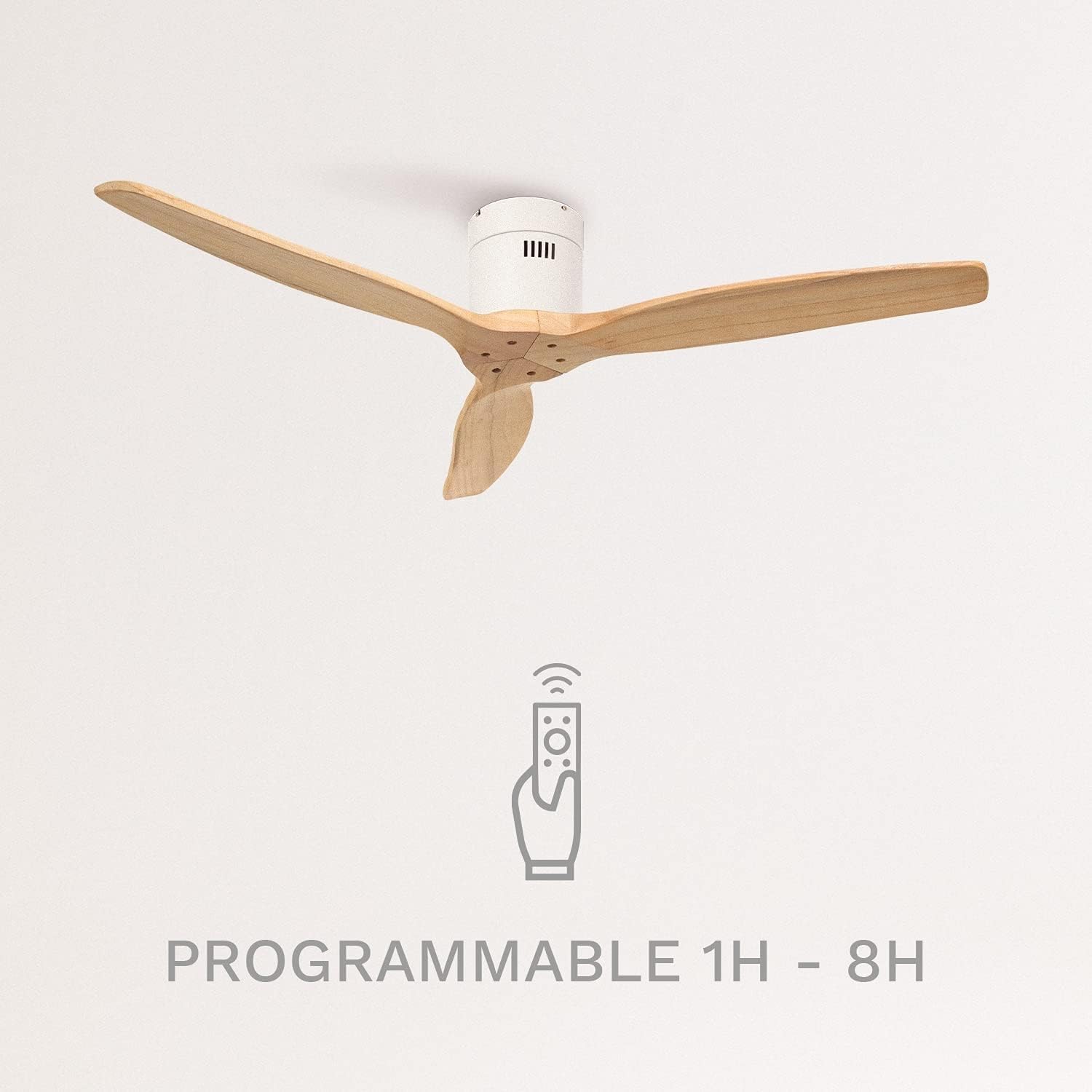 CREATE / WINDCALM M/Ventilateur de plafond ABS avec télécommande blanc pales effet bois clair / 40W, Silencieux, Ø132 cm, 6 vitesses, minuterie, été-hiver, double hauteur