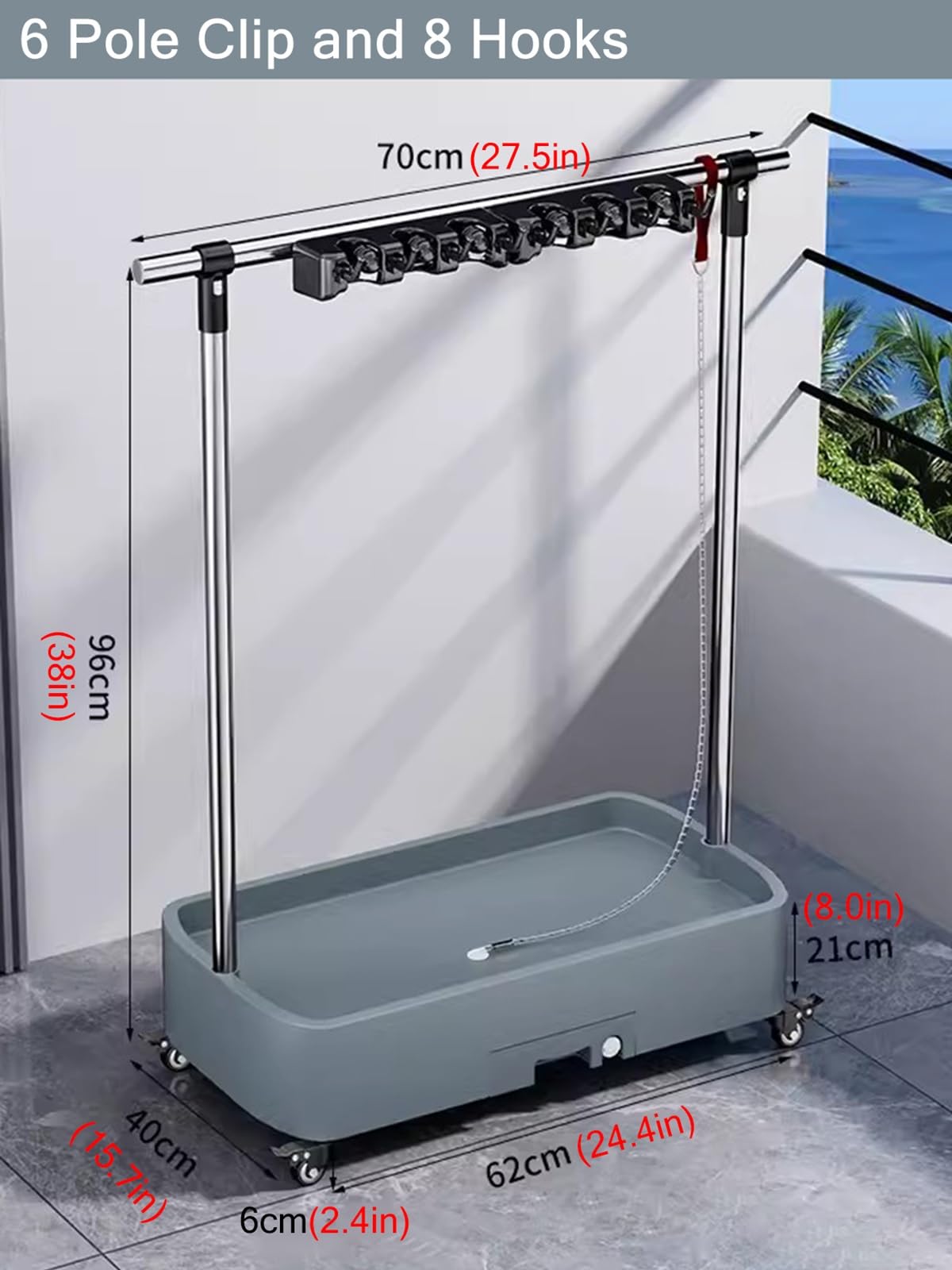 Soporte portátil para fregona y escoba, organizador de carrito de lavandería que ahorra espacio, estante de herramientas de jardín con 6 clips de poste, solución esencial de almacenamiento para el
