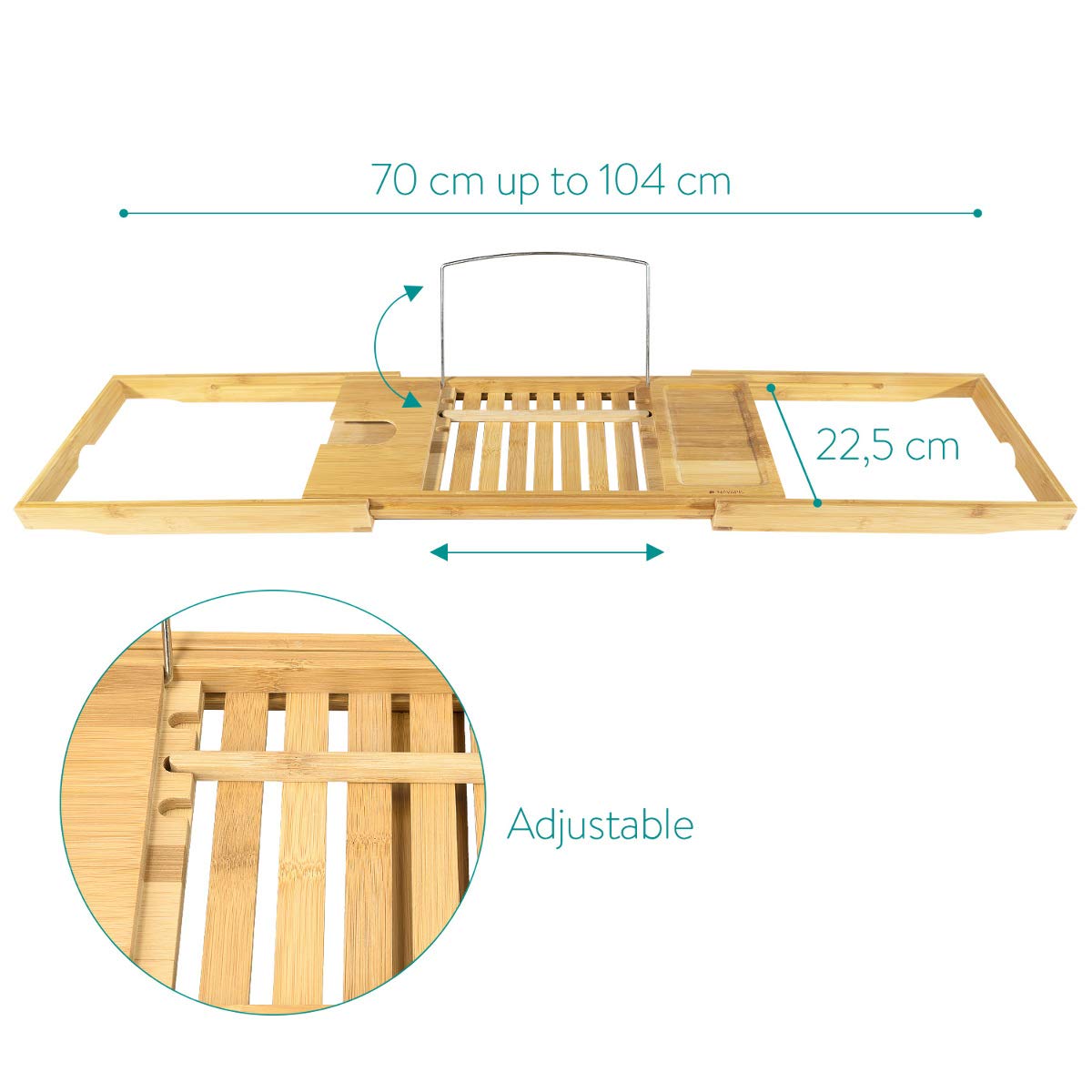 Navaris Pont de Baignoire Bambou - Plateau de Bain Extensible 70-104 cm avec Support Rangement Tablette Livre téléphone Verre de vin Bougie