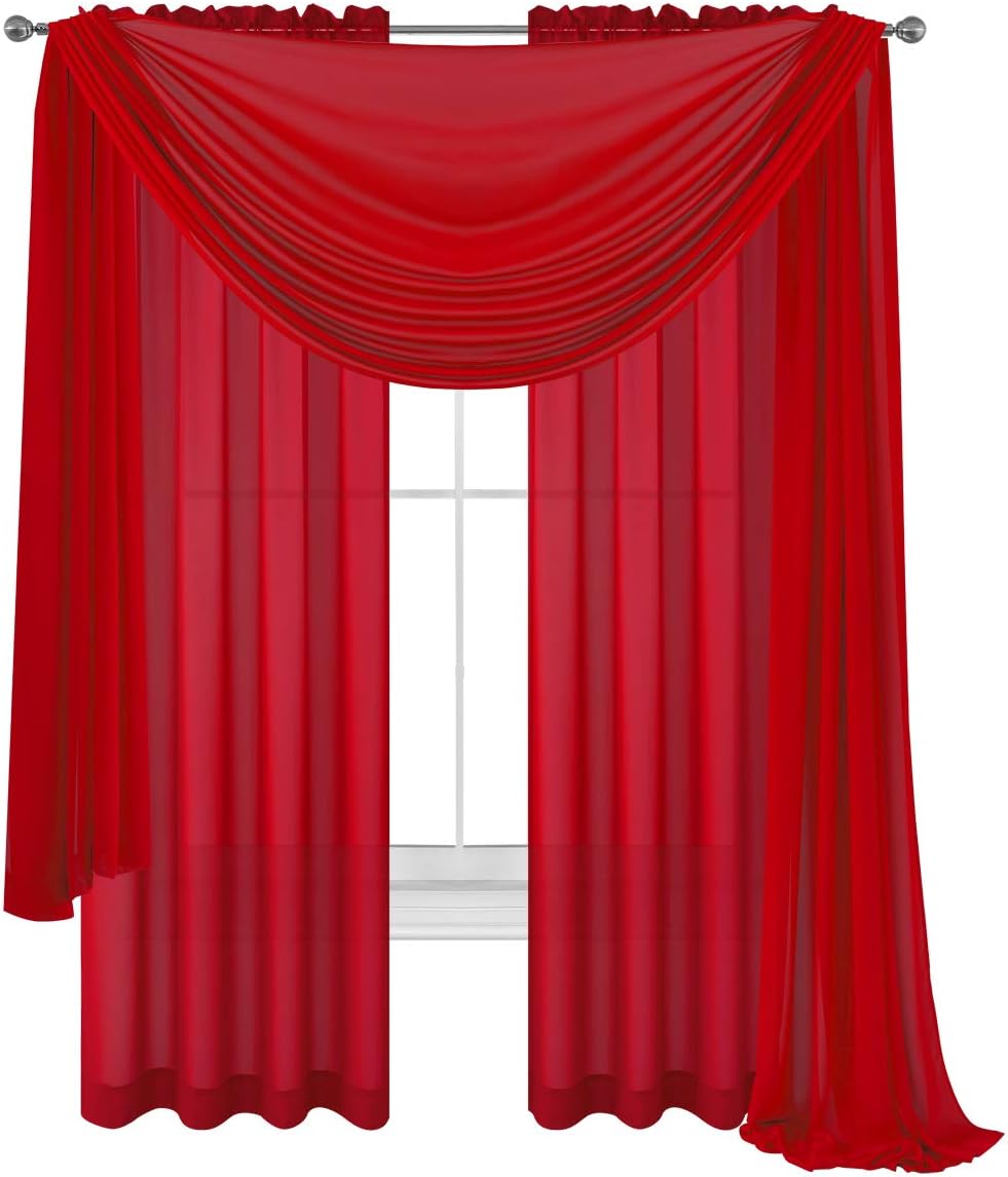 WPM Drape/Panels/Scarves/Treatment Beautiful Sheer Voile Window Elegance Curtains Scarf for Bedroom & Kitchen Fully Stitched and Hemmed, Set of 3: Panels 2 + 1 Scarf (Red, 3 Piece Panels+Scarf)