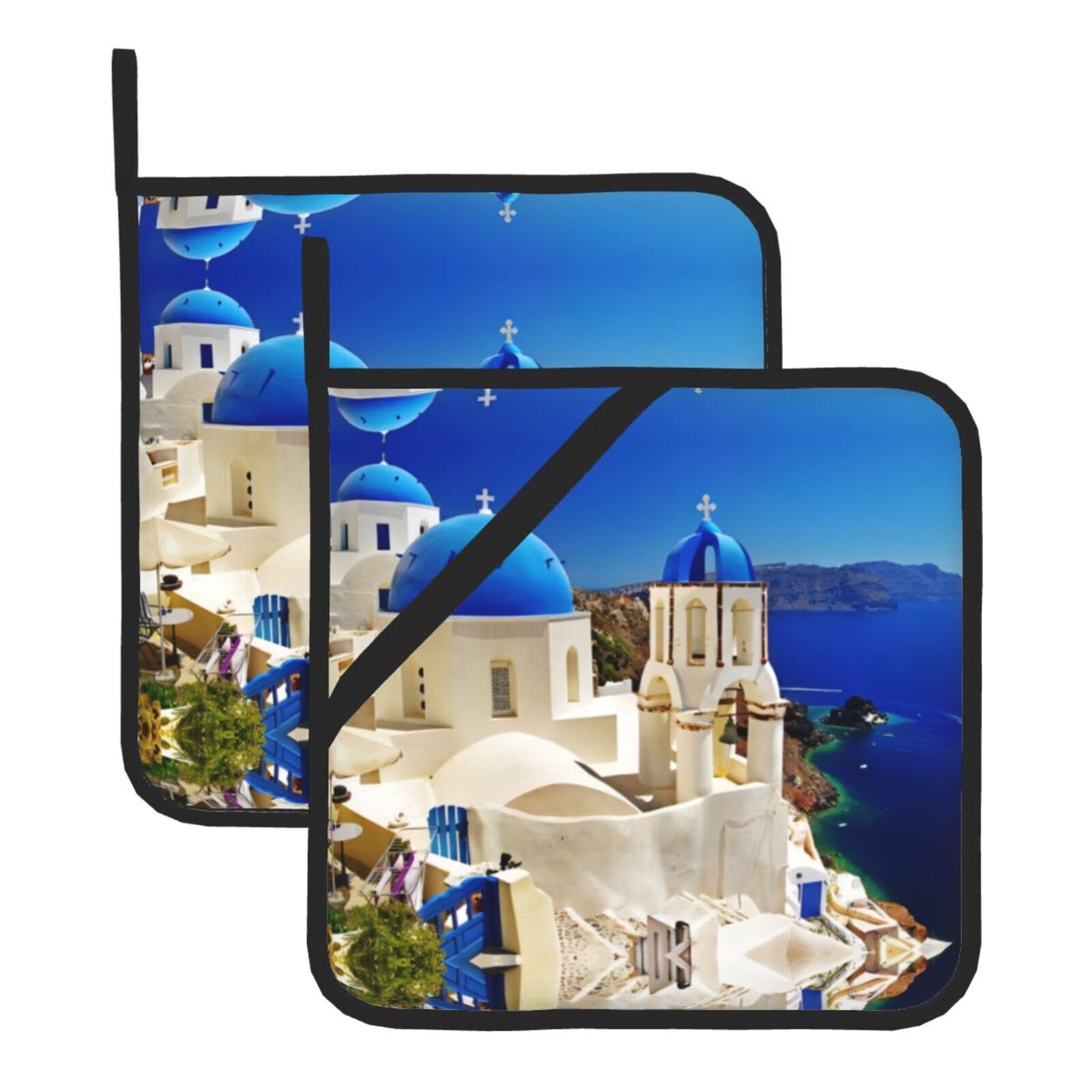 WHJSSF Santorini Greek Island Sea View Prints Square Pot Holders - Heat Resistant Kitchen Trivets 2-Pack - Waterproof Covers for Hot Dishes, Oven & Grill with Hanging Loop