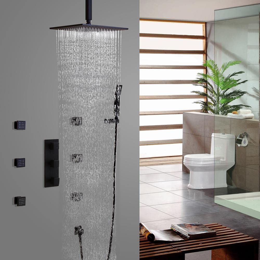 BULUXE Contemporary Matte Black Thermostatic Shower System Ceiling Mount 12" Rain Shower Head & 6 Body Sprays & Hand Shower Brass