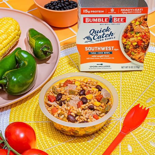 Bumble Bee Quick Catch Southwest Rice, Wild Caught Tuna and Rice Bowl, 6 oz - Ready to Enjoy, Spork Included - 15g Protein per Serving - No Artificial Flavors - Good Source of Fiber