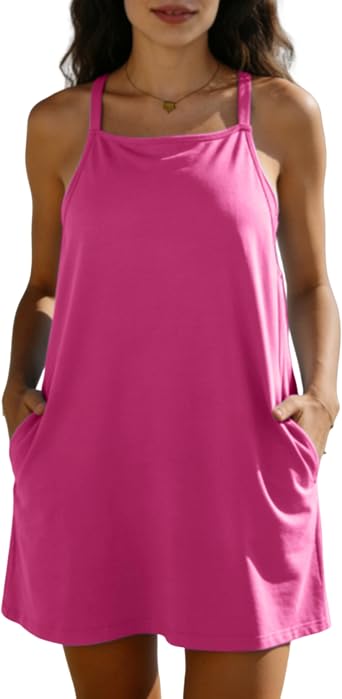Yeokou Womens Sleeveless Summer Casual Beach Mini Dress Built-in Shorts Square Neck Tank Active Dress with Pockets