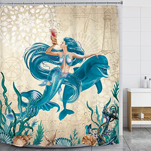 Lghtyro Nautical Ocean Shower Curtain Bathroom Set 60Wx71H Inches Vintage Sea Beach Theme Teal Mermaid Dolphin Bath Accessories Starfish Compass Anchor Coastal Art Home Decor Fabric 12 Pack Hooks #TOP1