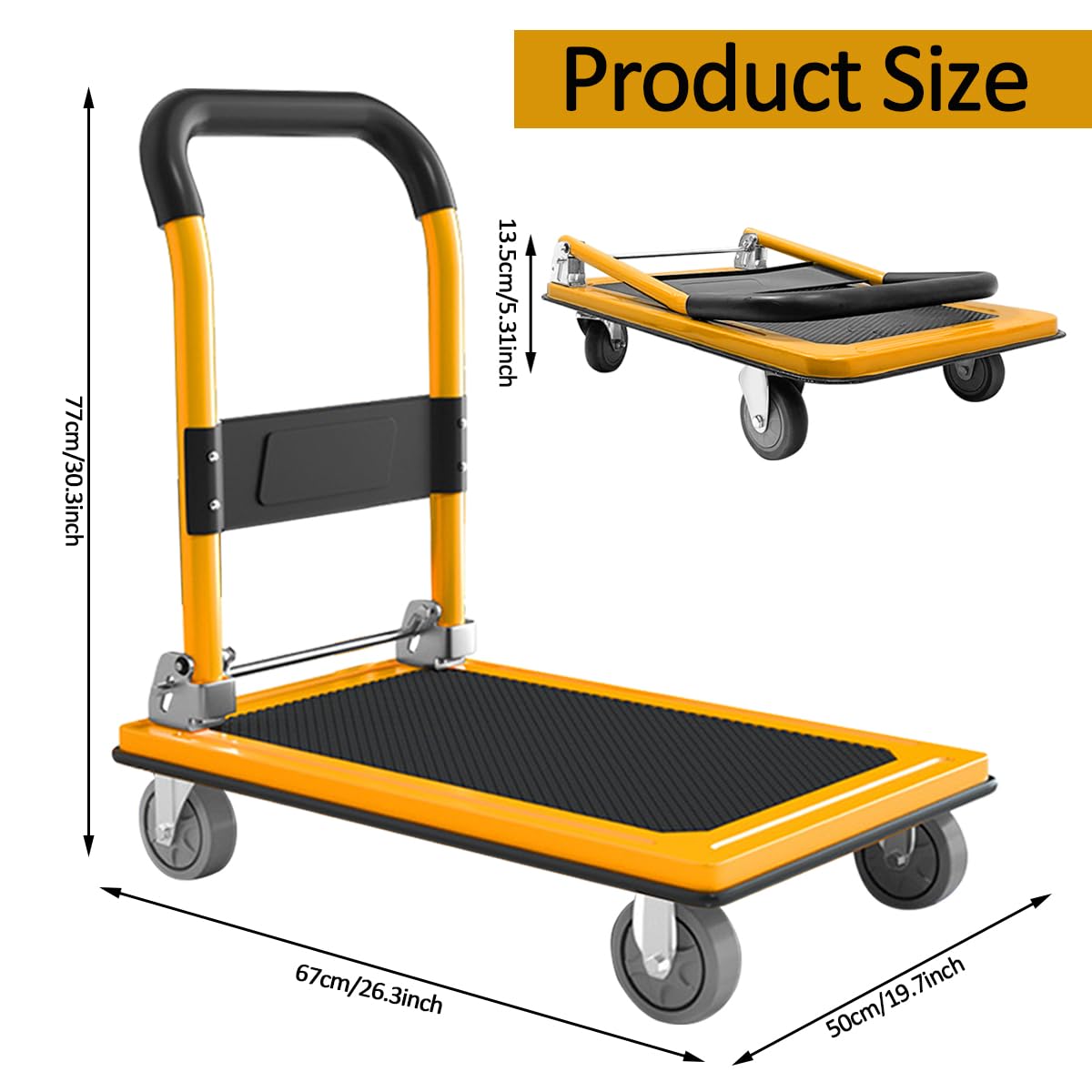 Chariot de Transport 300 Kg Chariot Pliable avec Roues Pivotantes à 360° Chariot de Manutention Poignée Rabattable Plateforme 77x50cm à Texture Grainée Antidérapante