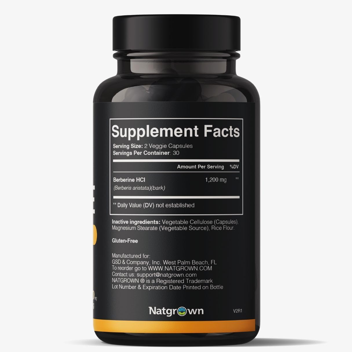 Natgrown Berberine Supplement - Berberine HCl 1200 mg Per Serving - Vegan, Gluten Free, Non-GMO - 60 Capsules