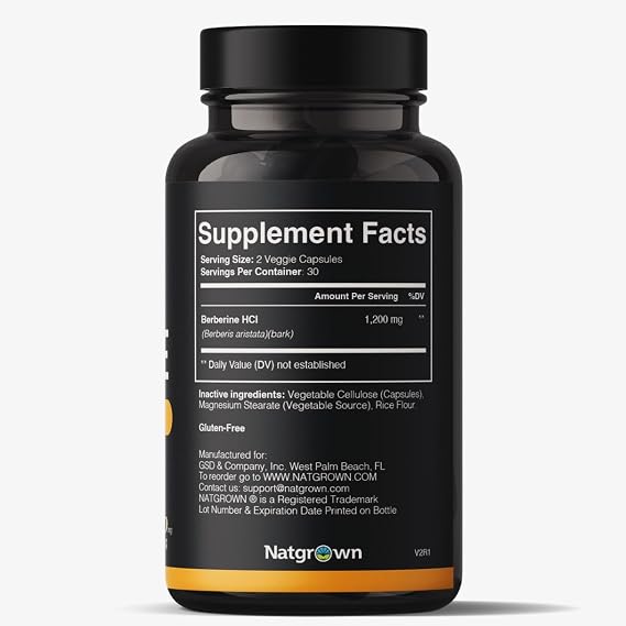 Natgrown Berberine Supplement - Berberine HCl 1200 mg Per Serving - Vegan, Gluten Free, Non-GMO - 60 Capsules