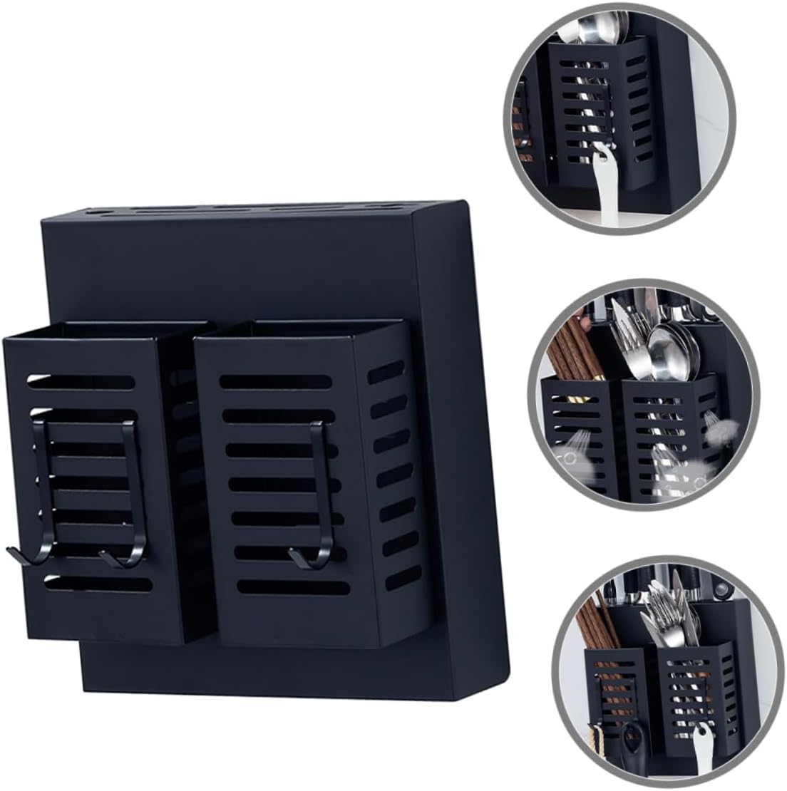 SECFOU Stainless Steel Kitchen Cutlery Holder Wall-mounted Storage Rack with Hooks for Utensils Multifunctional Organizer for Kitchen Tools Space-saving Design Black