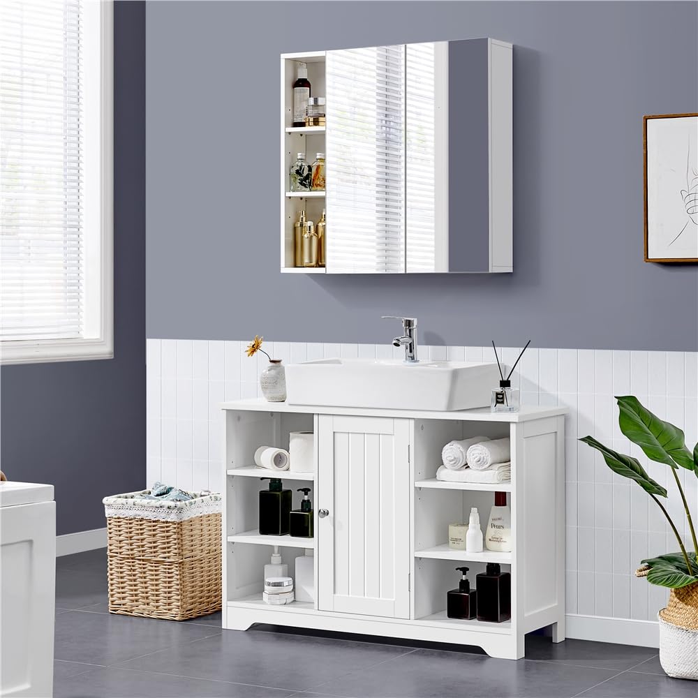Yaheetech Mobile da Bagno Sottolavabo Mobiletto con Ripiani Portaoggetti Armadietto da Terra per Lavandino Mobile da Archivio con Anta in MDF 60 × 30 × 90 cm Bianco