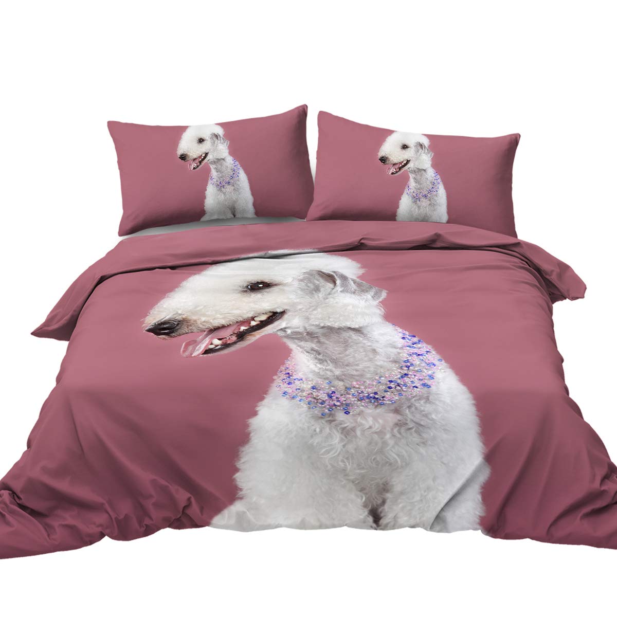 Blessliving Boys White Dog Bedding Bedlington Terrier Print Duvet Cover Set Double Size Cartoon Dog Bed Sets 3 Piece Pink Quilt Cover With 2 Pillow Shams For Kids Teens