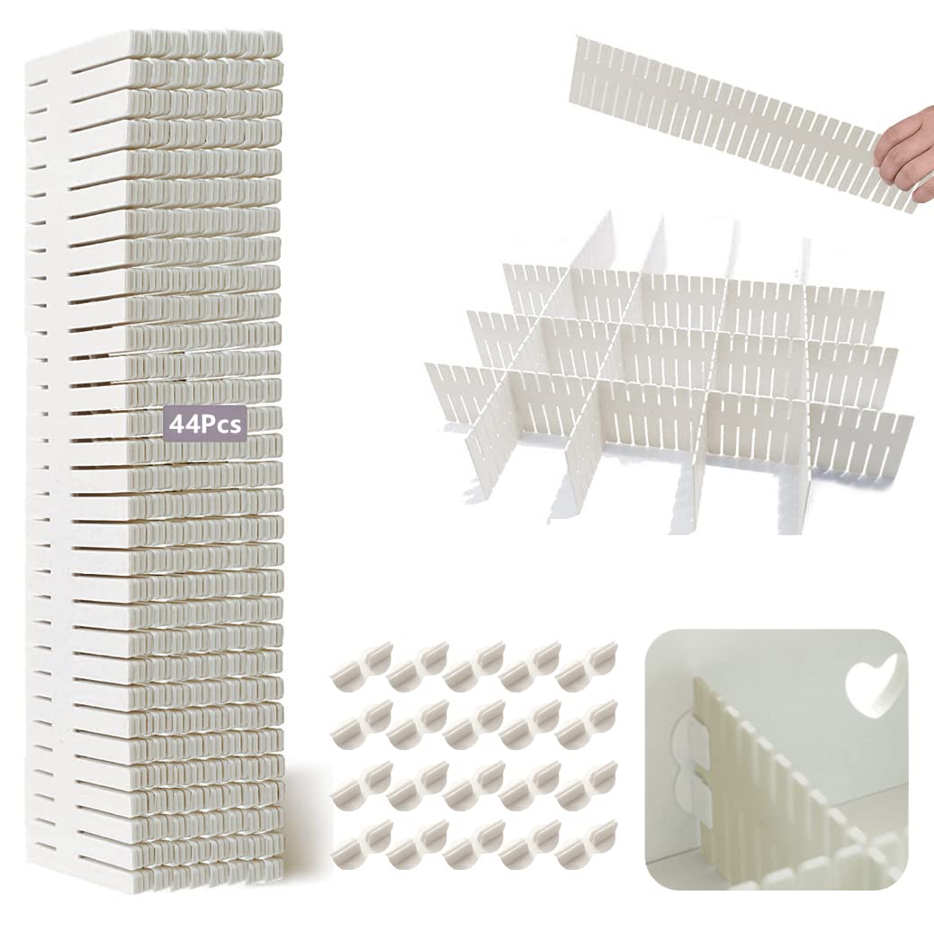 44Pcs Drawer Dividers with Fixing Buckle, Adjustable Drawer Organizer Storage Separator for Clothes, Cutlery, Socks, Underwear, Makeup, Dresser, Kitchen, Bedroom, Office, Bathroom, 14.5*2.75in